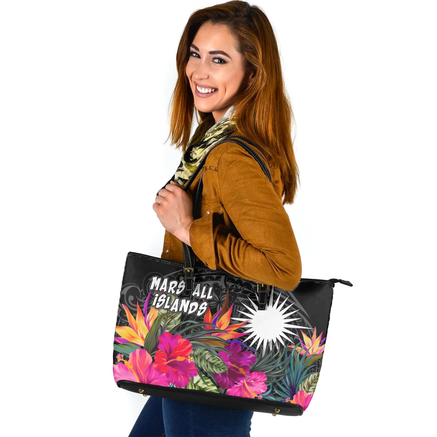 Marshall Islands Custom Personalised Leather Tote Polynesian Hibiscus Pattern