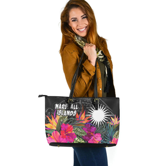 Marshall Islands Custom Personalised Leather Tote Polynesian Hibiscus Pattern