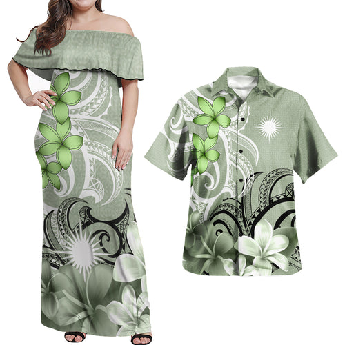 Marshall Islands Polynesian Pattern Combo Dress And Shirt Floral Spirit Sage Green