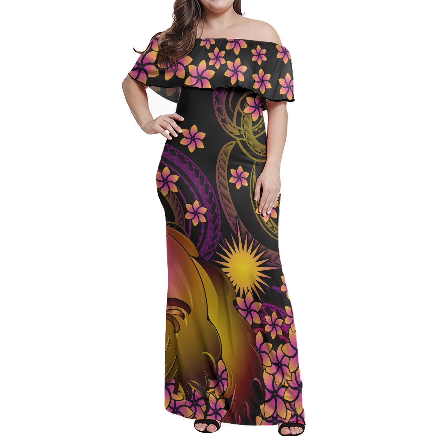 Marshall Islands Polynesian Pattern Combo Dress And Shirt Plumeria In Wave
