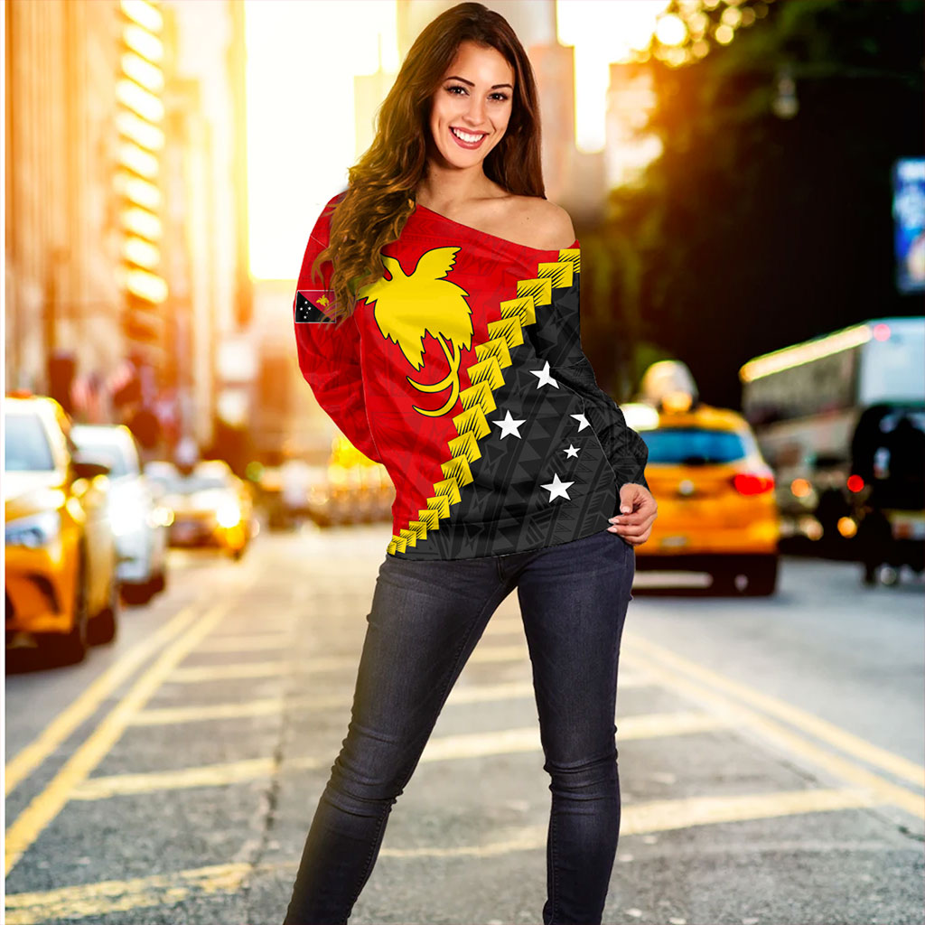 Papua New Guinea Off Shoulder Sweatshirt Melanesia With Flag Tribal Tattoo
