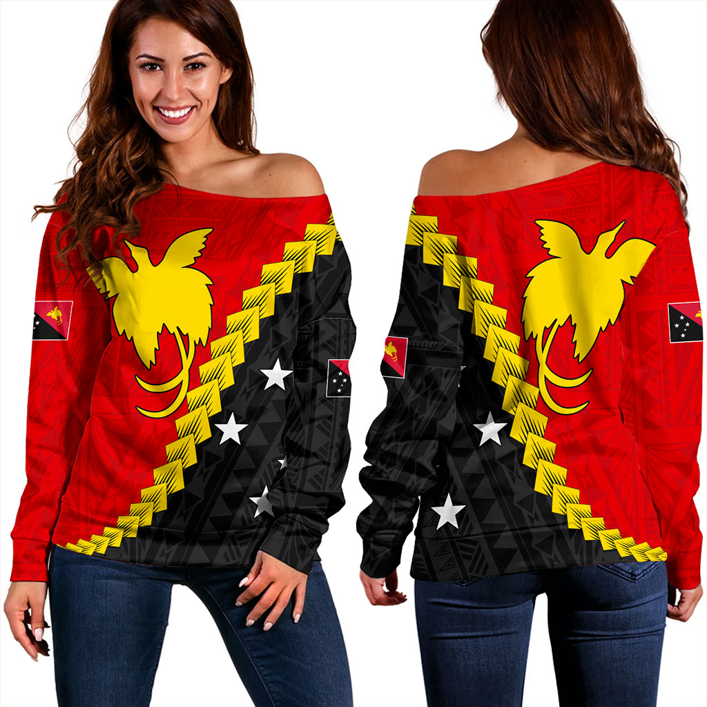 Papua New Guinea Off Shoulder Sweatshirt Melanesia With Flag Tribal Tattoo