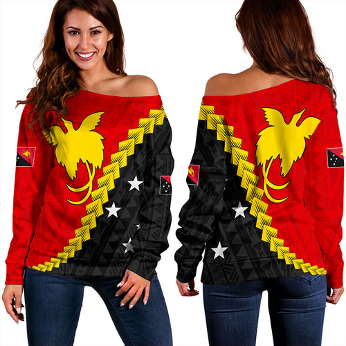 Papua New Guinea Off Shoulder Sweatshirt Melanesia With Flag Tribal Tattoo