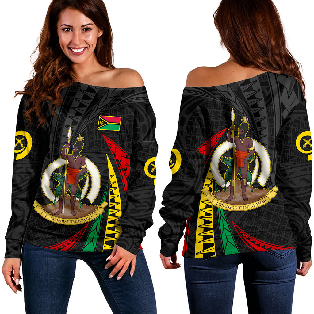 Vanuatu Off Shoulder Sweatshirt Melanesian Tribal Wave
