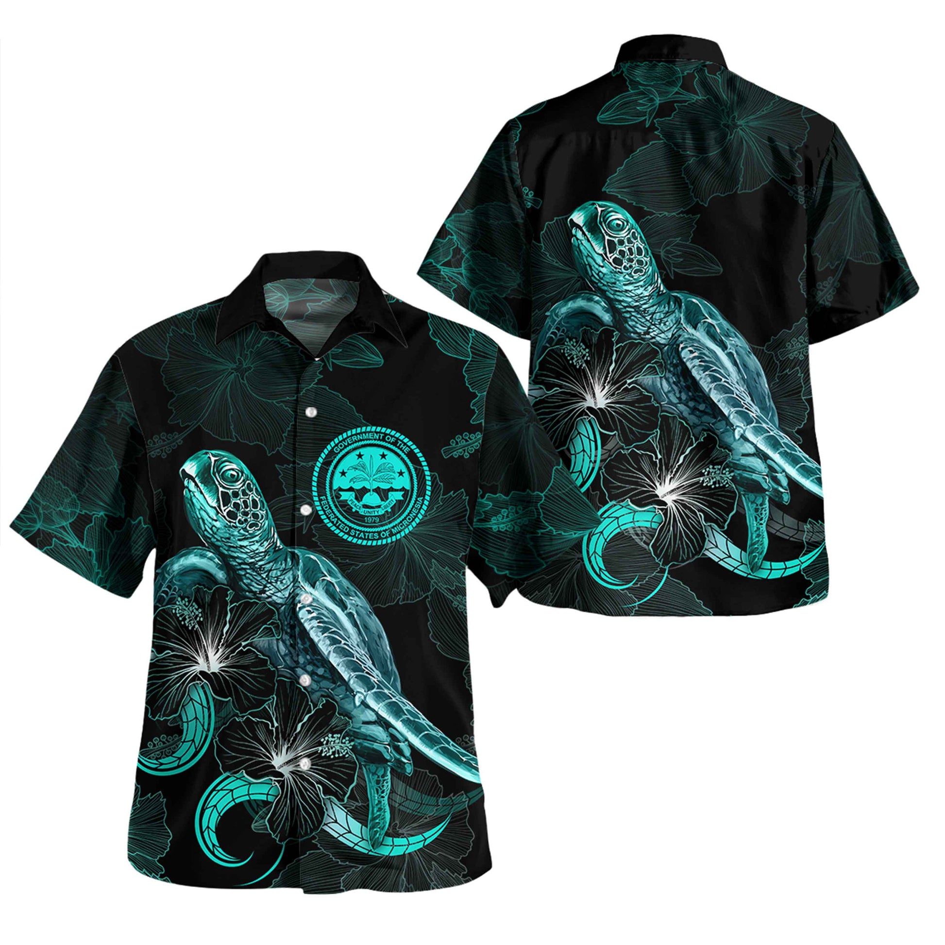 Federated States Of Micronesia Short Sleeve Shirt - Custom FSM Coat Of Arms With Turtle Blooming Hibiscus Turquoise