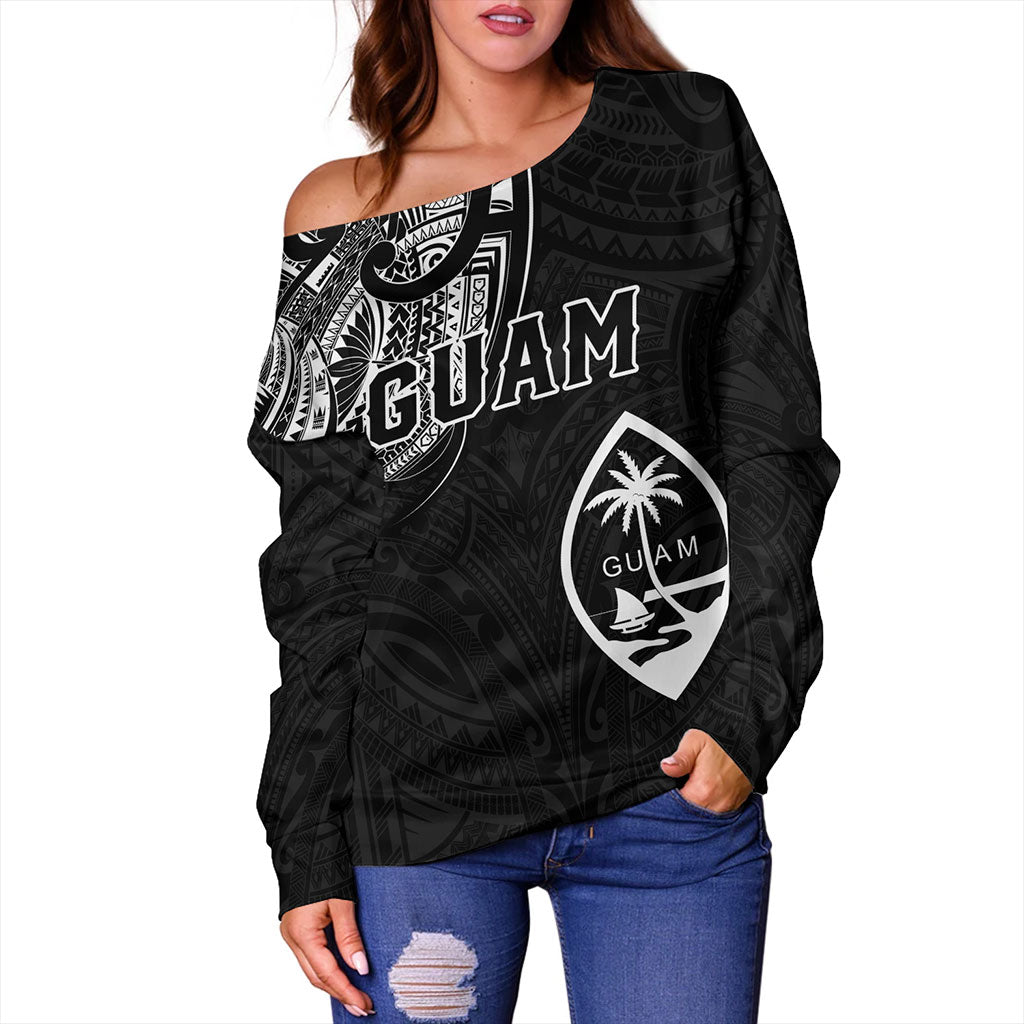 Guam Off Shoulder Sweatshirt Micronesia Tribal Coat Of Arms