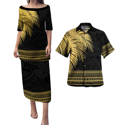 Guam Combo Puletasi And Shirt Micronesian Fabric Leaves Golden