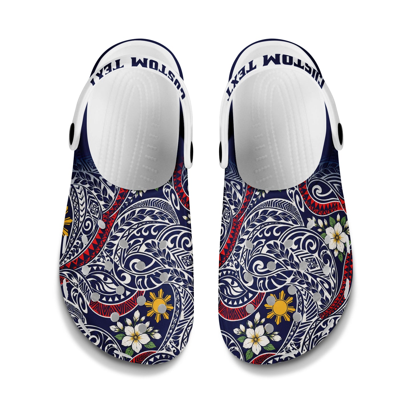 Philippines Filipinos Clogs Shoes Custom Text Polynesian Philippine Sun and Flower