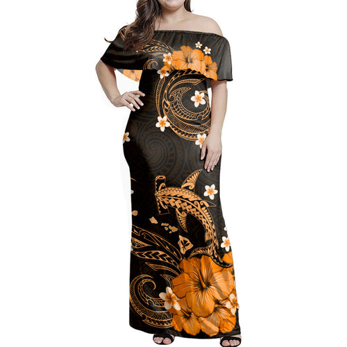Hawaii  Woman Off Shoulder Long Dress Shark Polynesia Tribal Tattoo