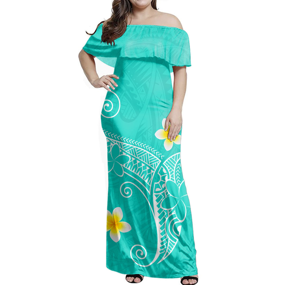 Hawaii  Woman Off Shoulder Long Dress Polynesia Floral Tribal Style Color