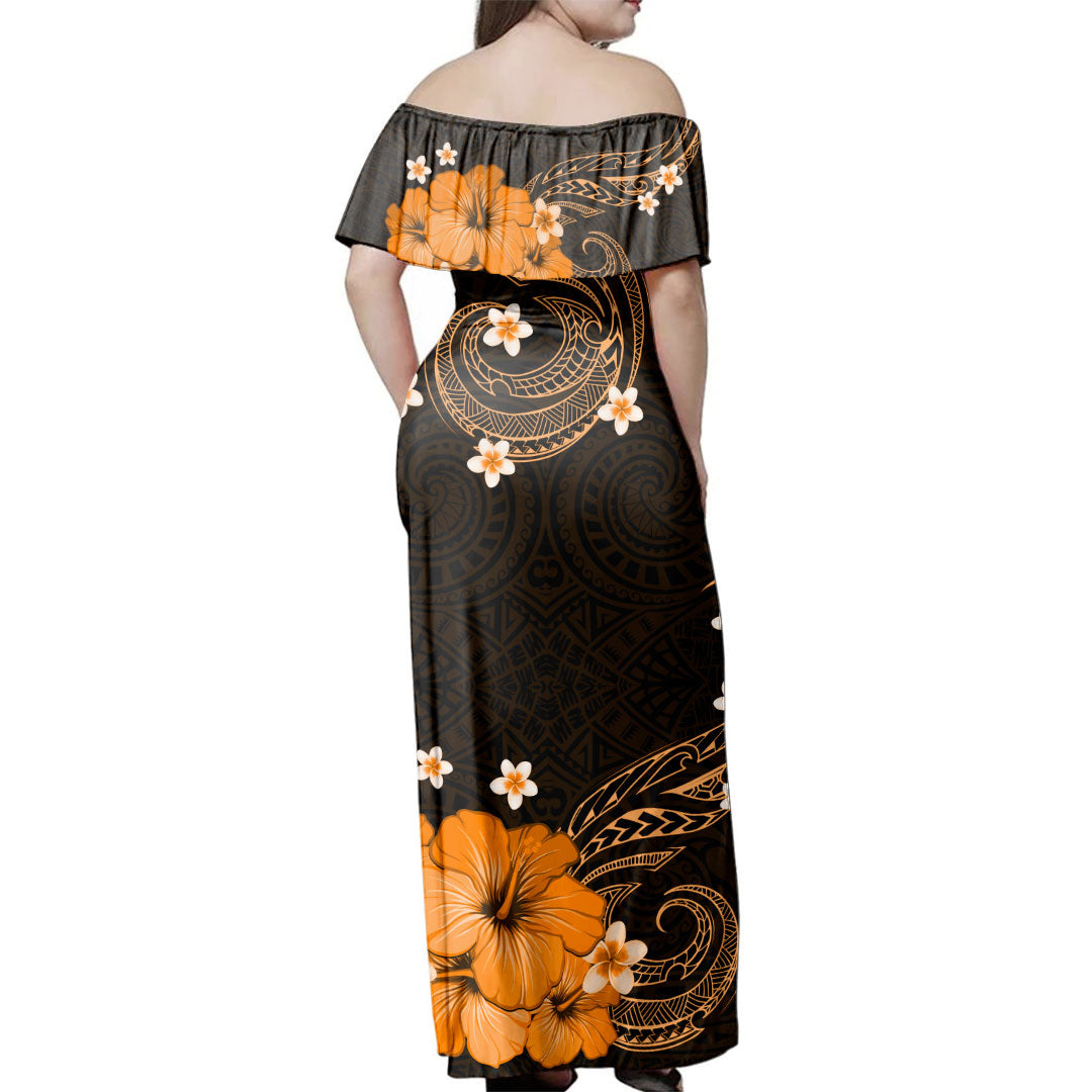 Hawaii  Woman Off Shoulder Long Dress Shark Polynesia Tribal Tattoo