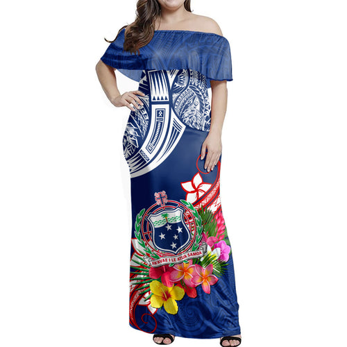 Samoa Off Shoulder Long Dress Polynesian Tribal Tattoo Tropical