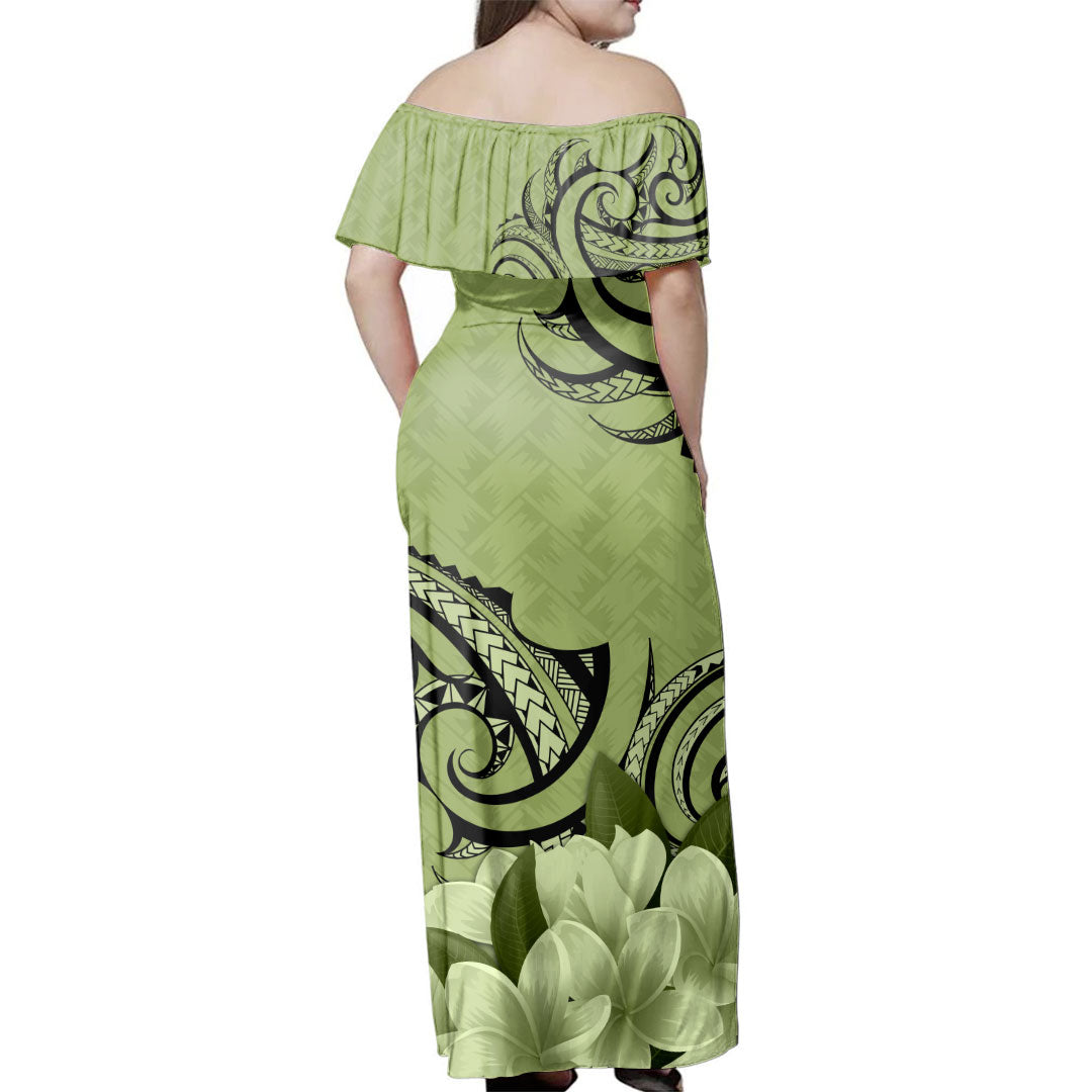 Hawaii  Woman Off Shoulder Long Dress Kanaka Polynesian Tribal Plumeria Flower