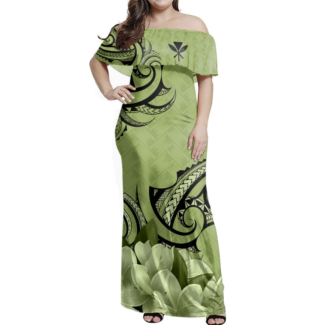 Hawaii  Woman Off Shoulder Long Dress Kanaka Polynesian Tribal Plumeria Flower
