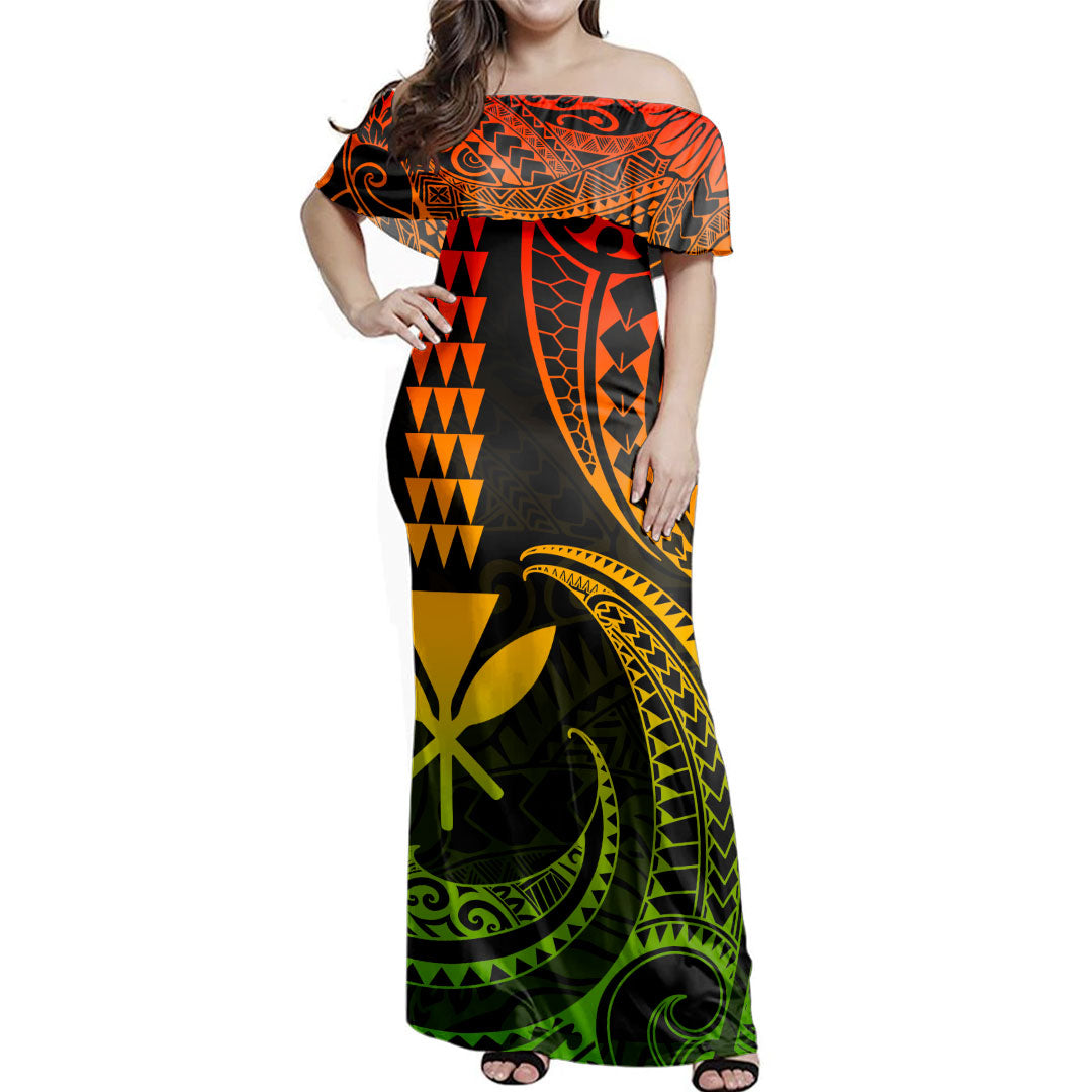 Hawaii  Woman Off Shoulder Long Dress Kanaka Polynesian Tribal Wave Kakau Style