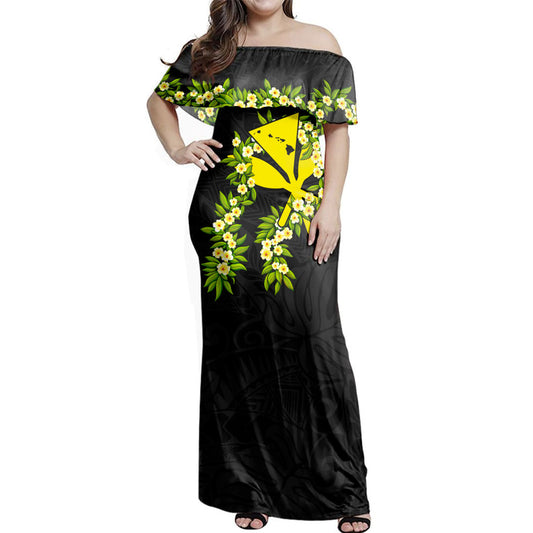 Hawaii Woman Off Shoulder Long Dress Tribal Leaf Ti Leaf Lei