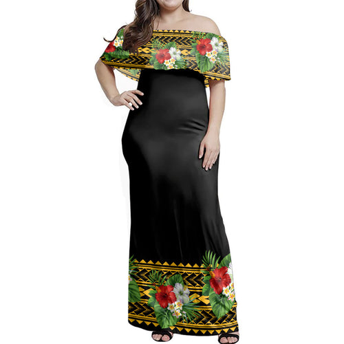 Hawaii  Woman Off Shoulder Long Dress Tribal Flower Pacific