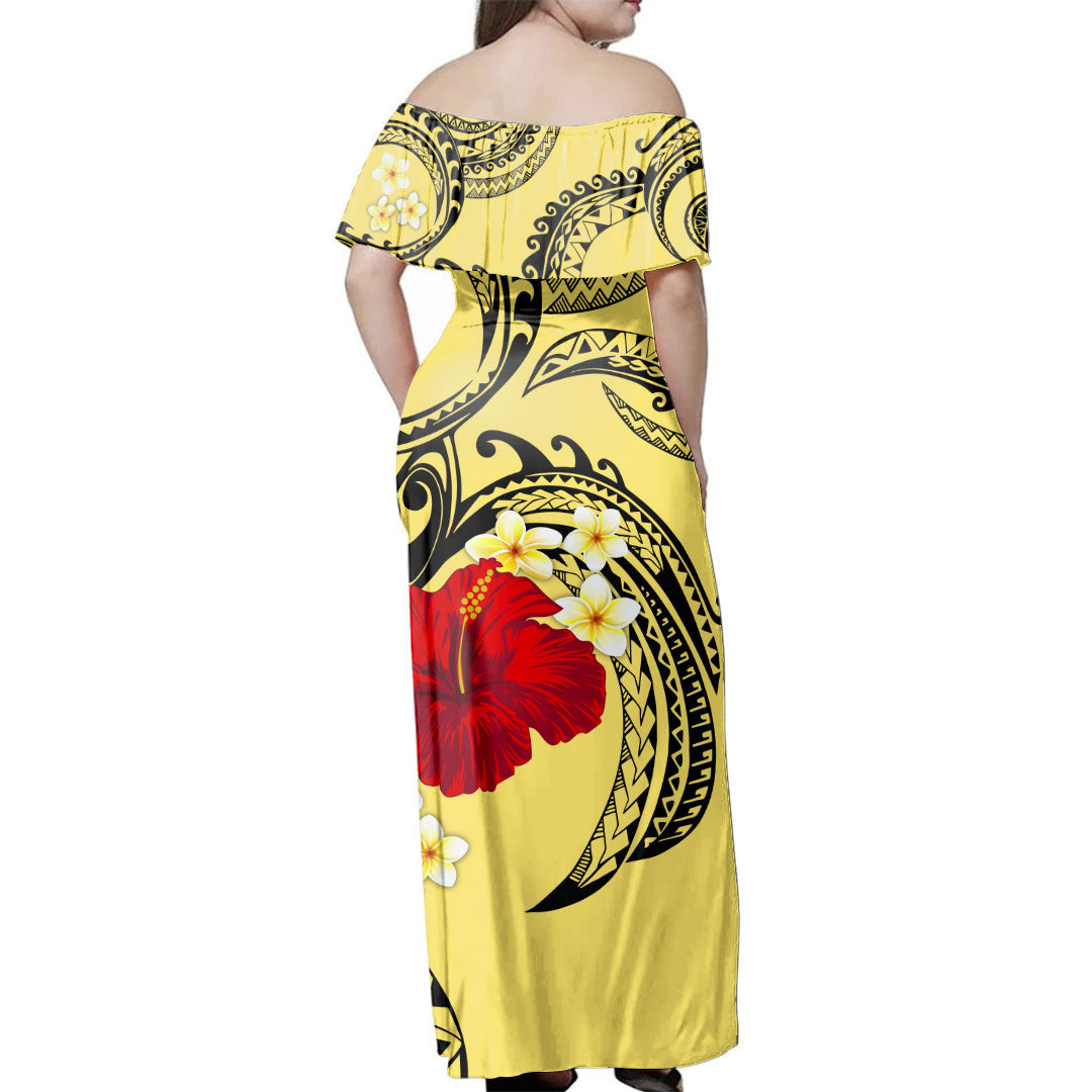 Hawaii Woman Off Shoulder Long Dress Polynesian Fabric Flower Tattoo Pattern
