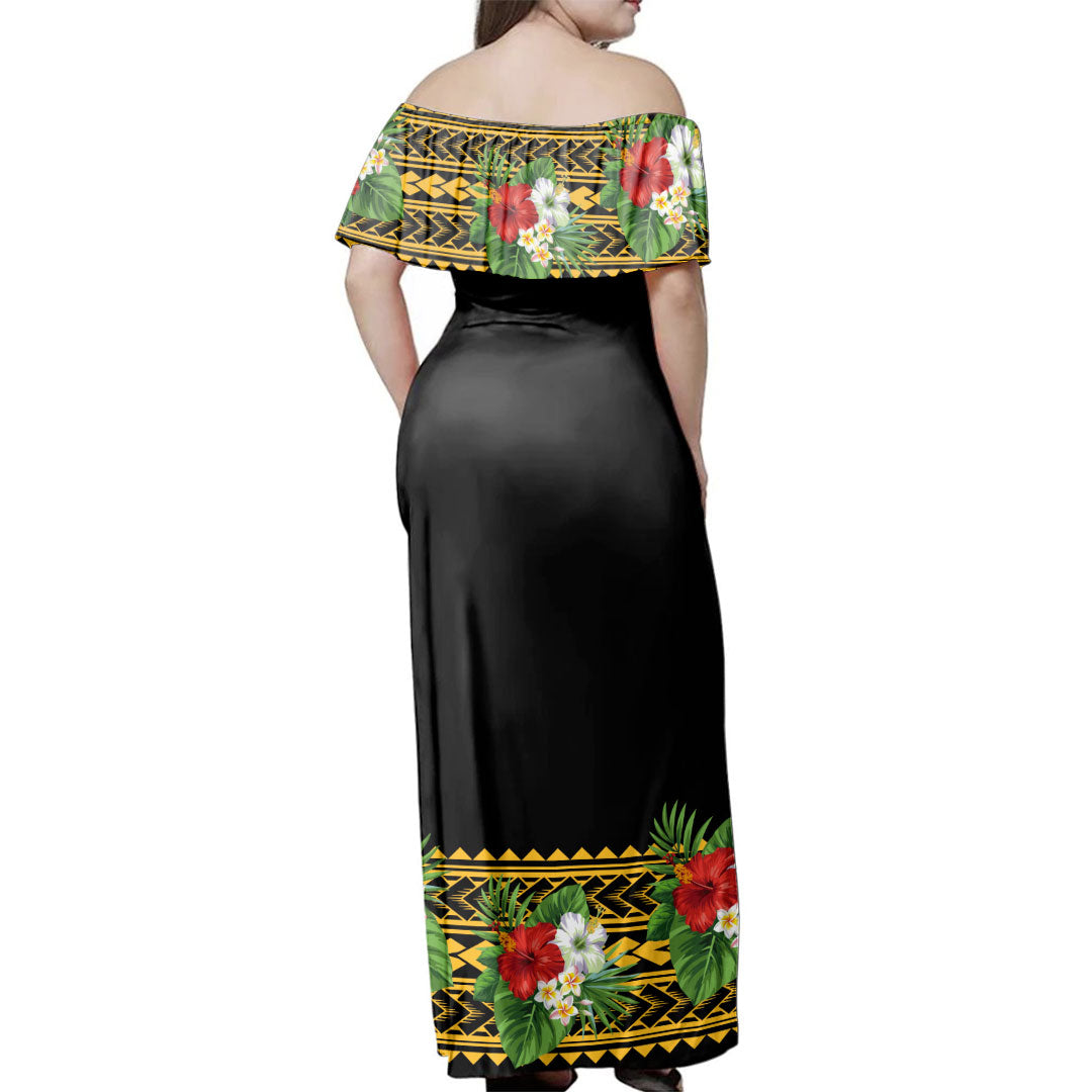 Hawaii  Woman Off Shoulder Long Dress Tribal Flower Pacific