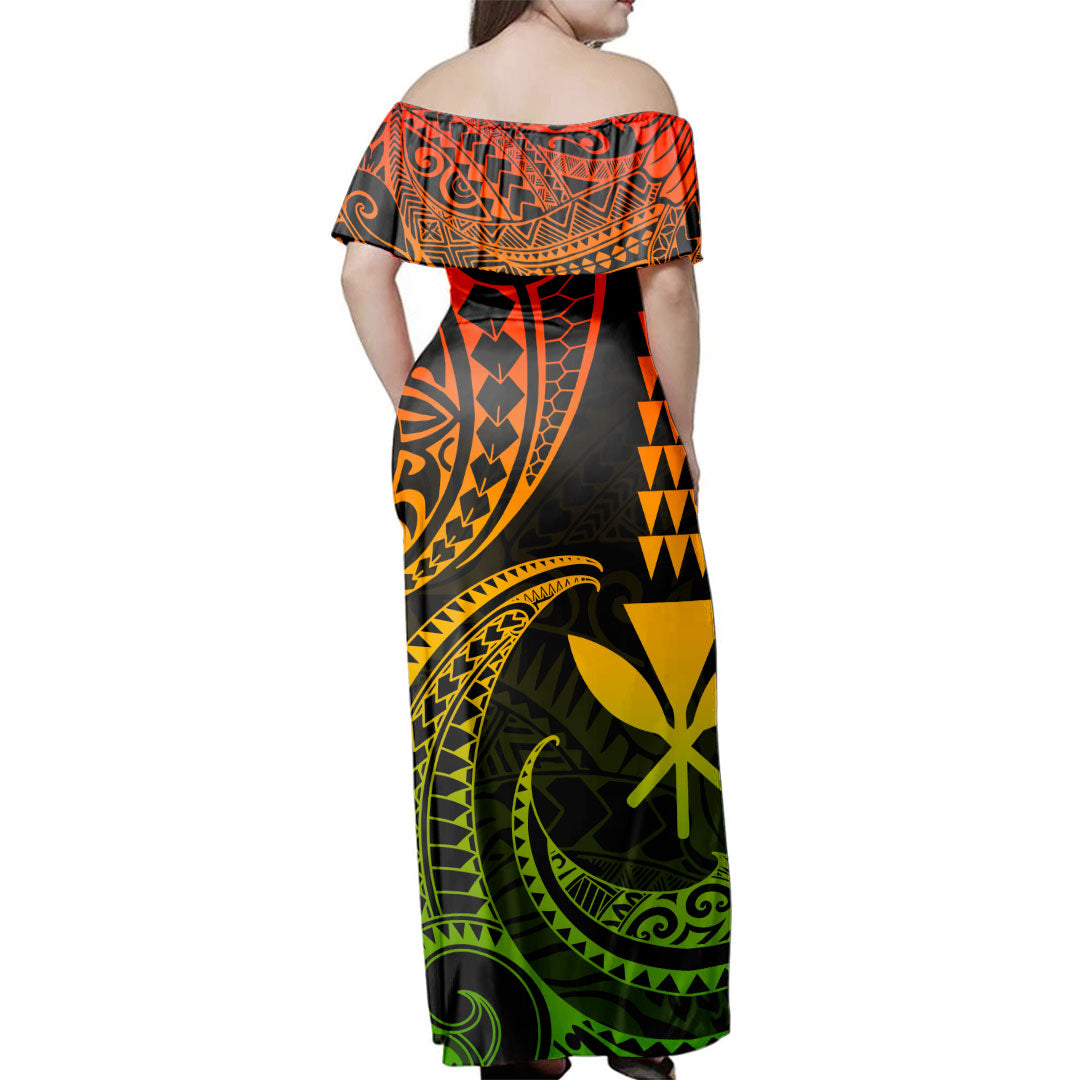 Hawaii  Woman Off Shoulder Long Dress Kanaka Polynesian Tribal Wave Kakau Style