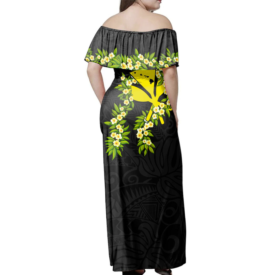 Hawaii Woman Off Shoulder Long Dress Tribal Leaf Ti Leaf Lei