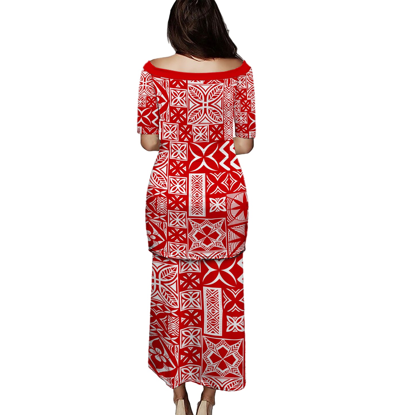 Samoa Combo Puletasi And Shirt Tapa Design Dobby Fabric Red