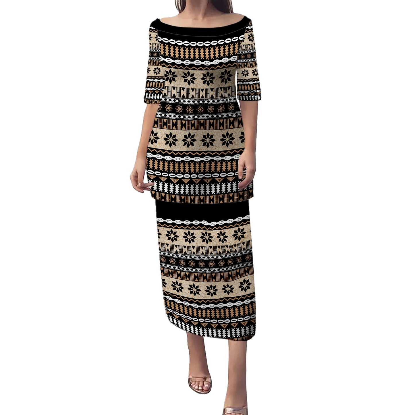 Fiji Combo Puletasi And Shirt Masi Tapa Flower Print