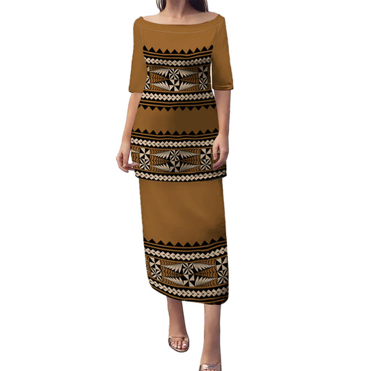 Tonga Puletasi Tribal Ngatu Tapa Brown