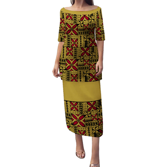 Samoa Puletasi Siapo Design Tribal Pattern Yellow