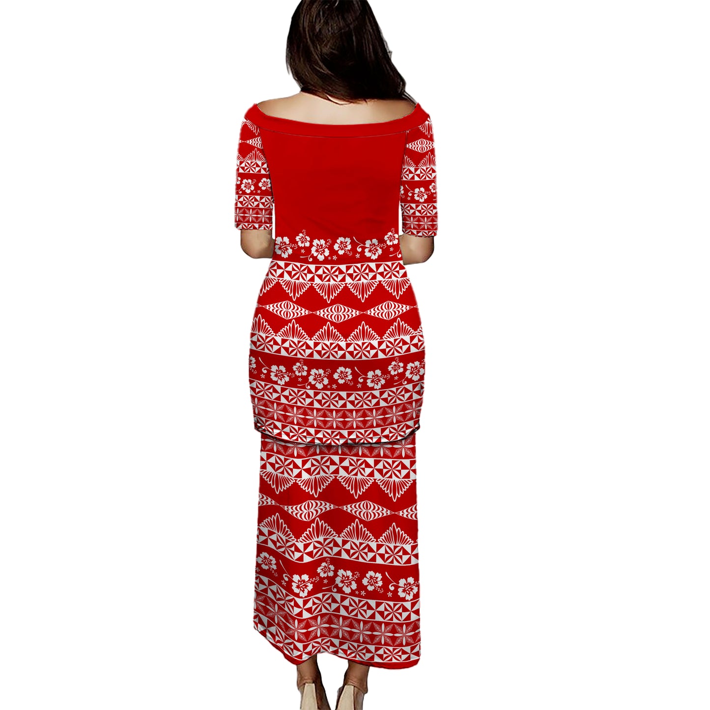 Tonga Combo Puletasi And Shirt Ngatu Pattern Tapa With Hibiscus