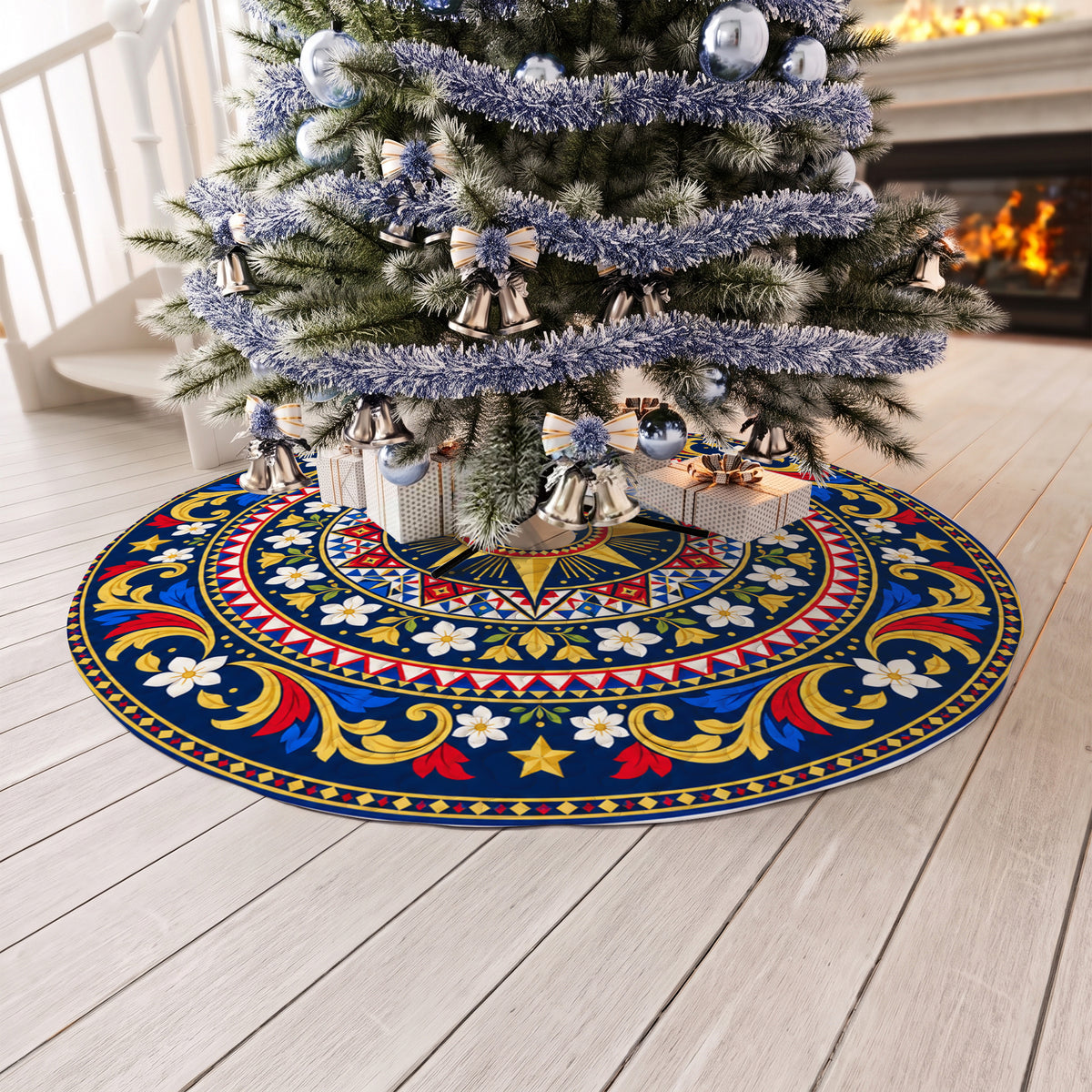 Philippines Filipinos Quilt Christmas Tree Skirt Sun and Sampaguita Floral Mandala Pattern