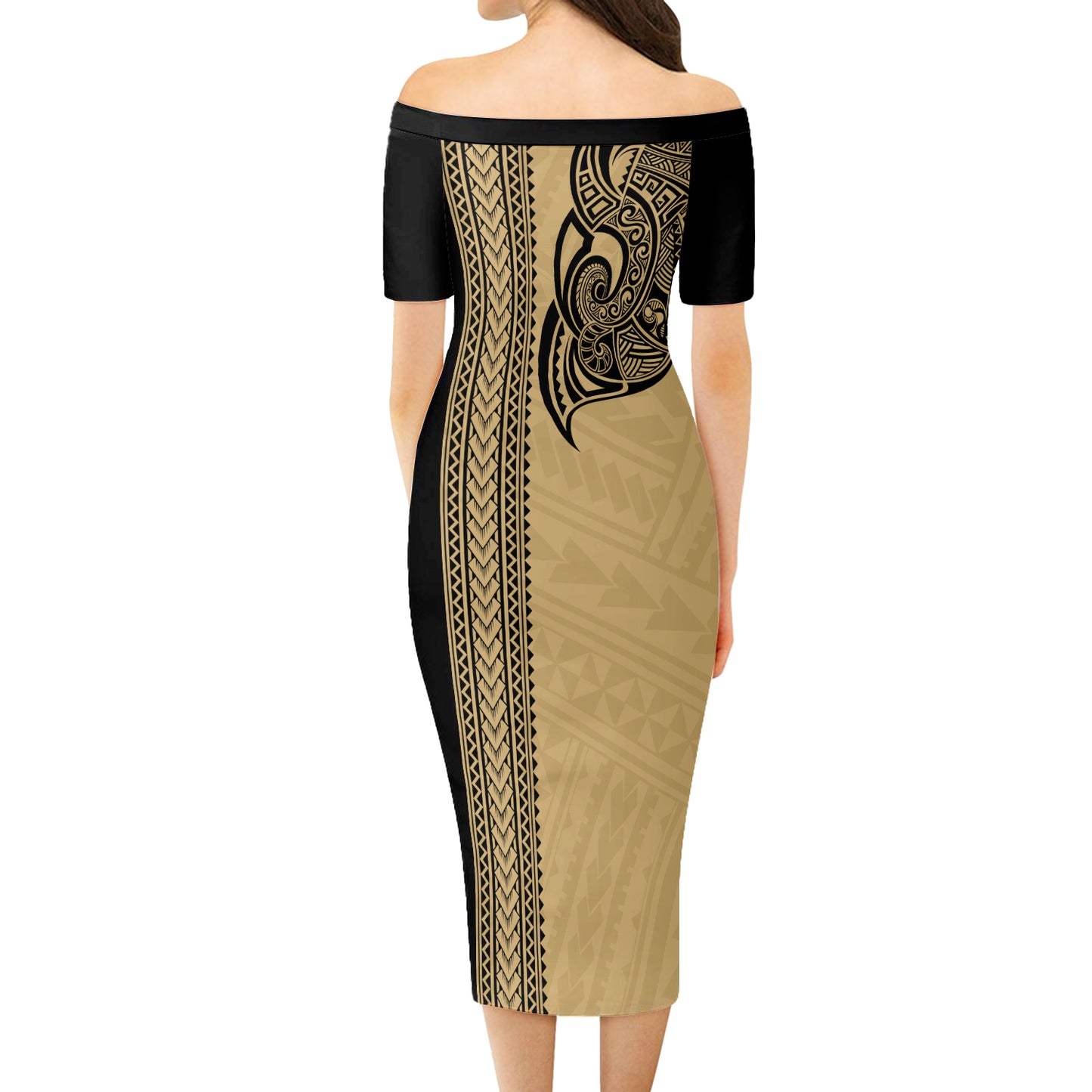 Hawaii Short Sleeve Off The Shoulder Lady Dress Polynesia Kanaka Tribal Tattoo