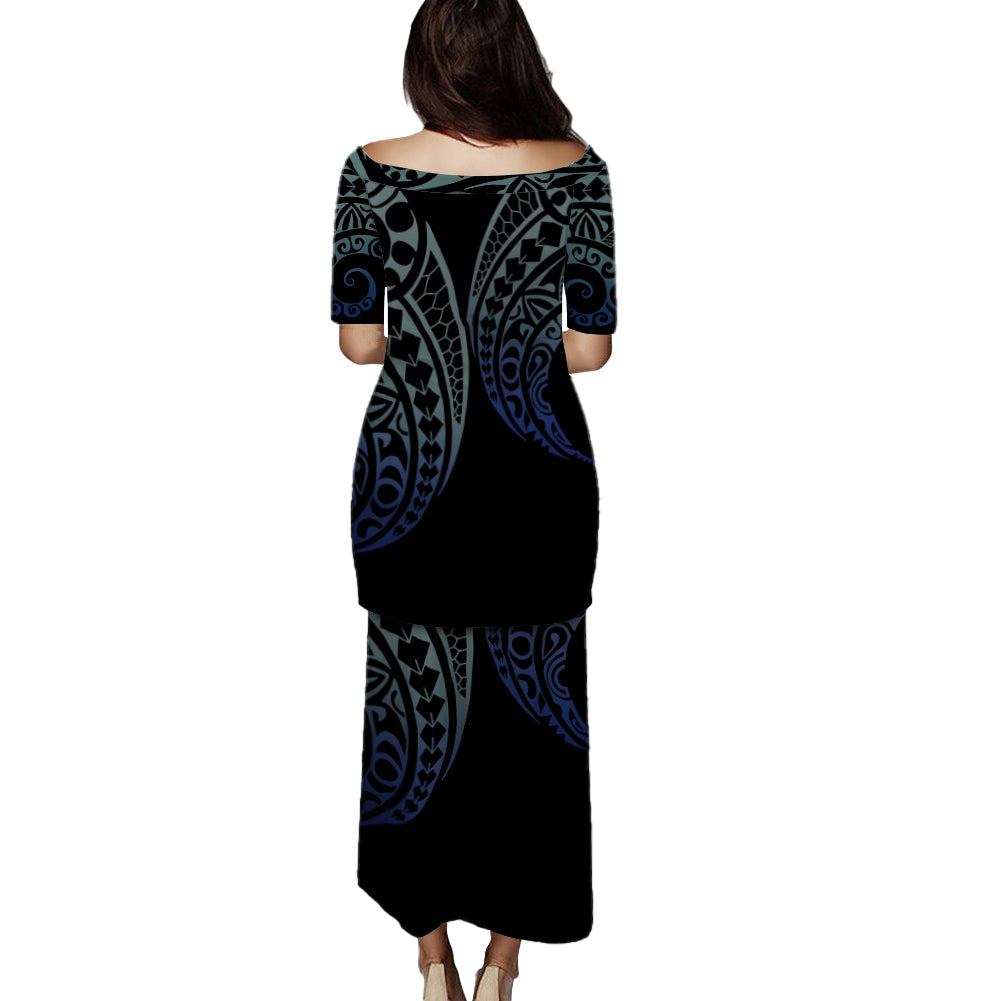 Chuuk State Combo Puletasi And Shirt Kakau Style Gradient Blue