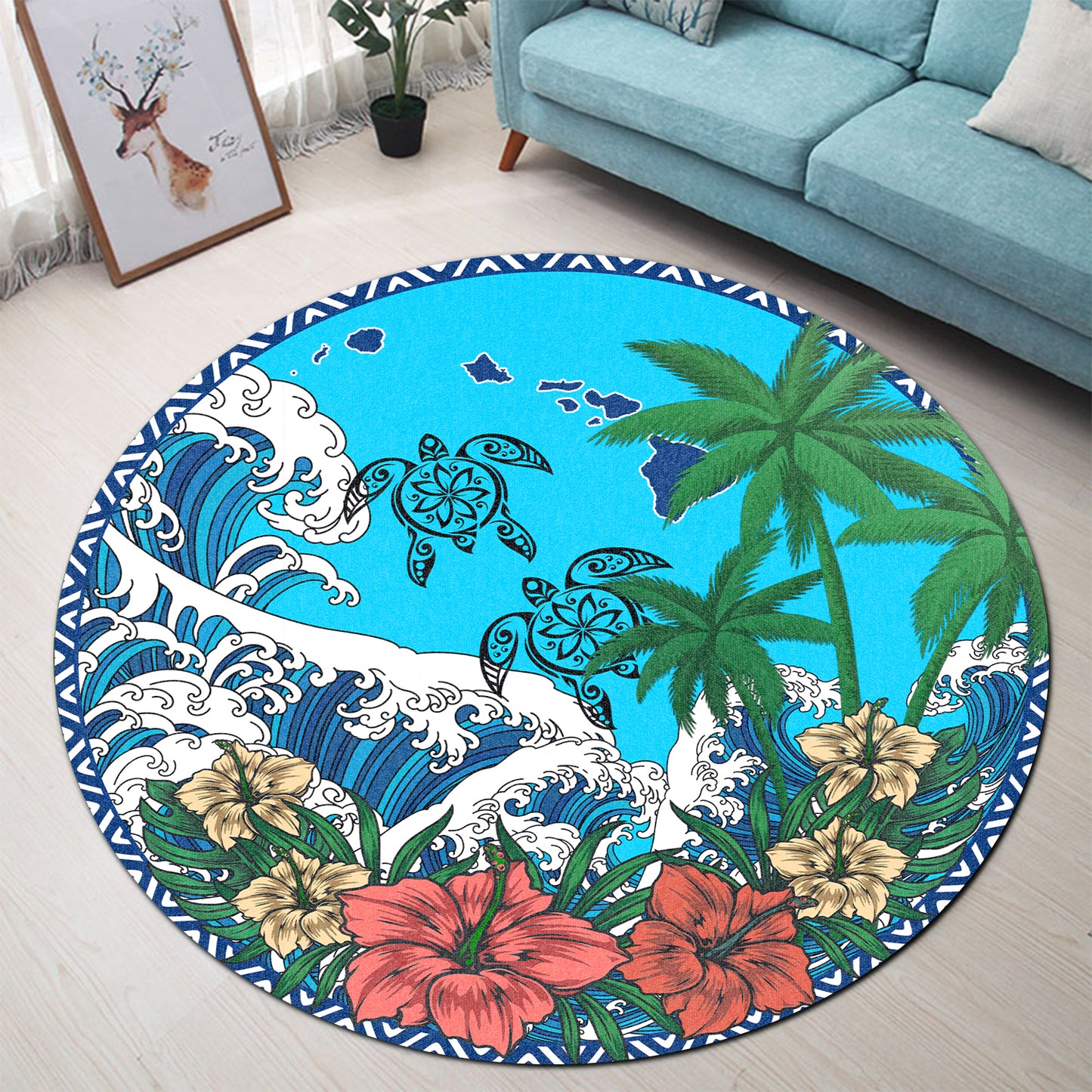 Hawaii Round Rug - Hawaii Hibiscus Floral Coconut Beach Round Rugs