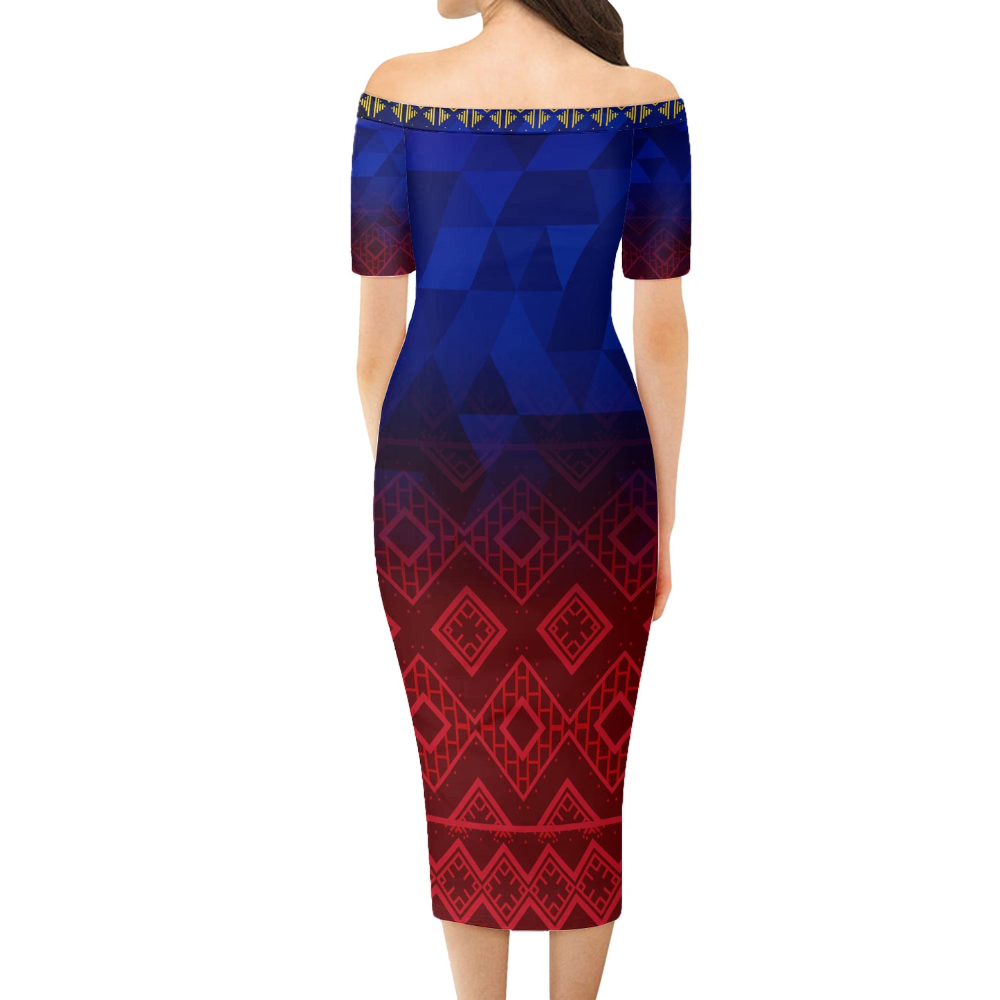 Philippines Filipinos Short Sleeve Off The Shoulder Lady Dress Lowpolly With Tribal Motif