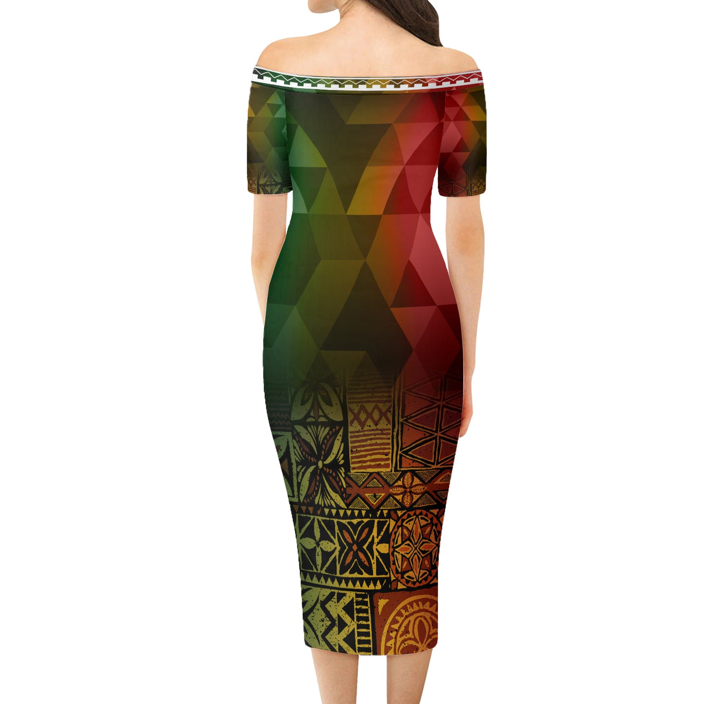 Hawaii Short Sleeve Off The Shoulder Lady Dress Lowpolly With Tribal Motif
