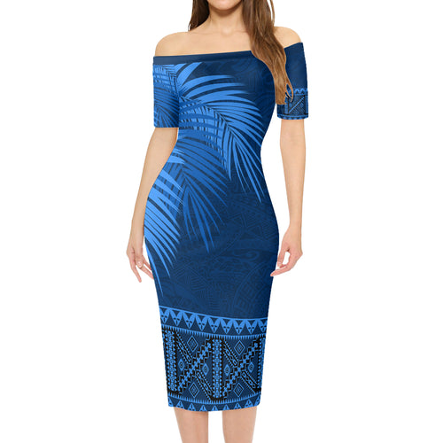Samoa Short Sleeve Off The Shoulder Lady Dress Masi Dobby Fabric Leaves