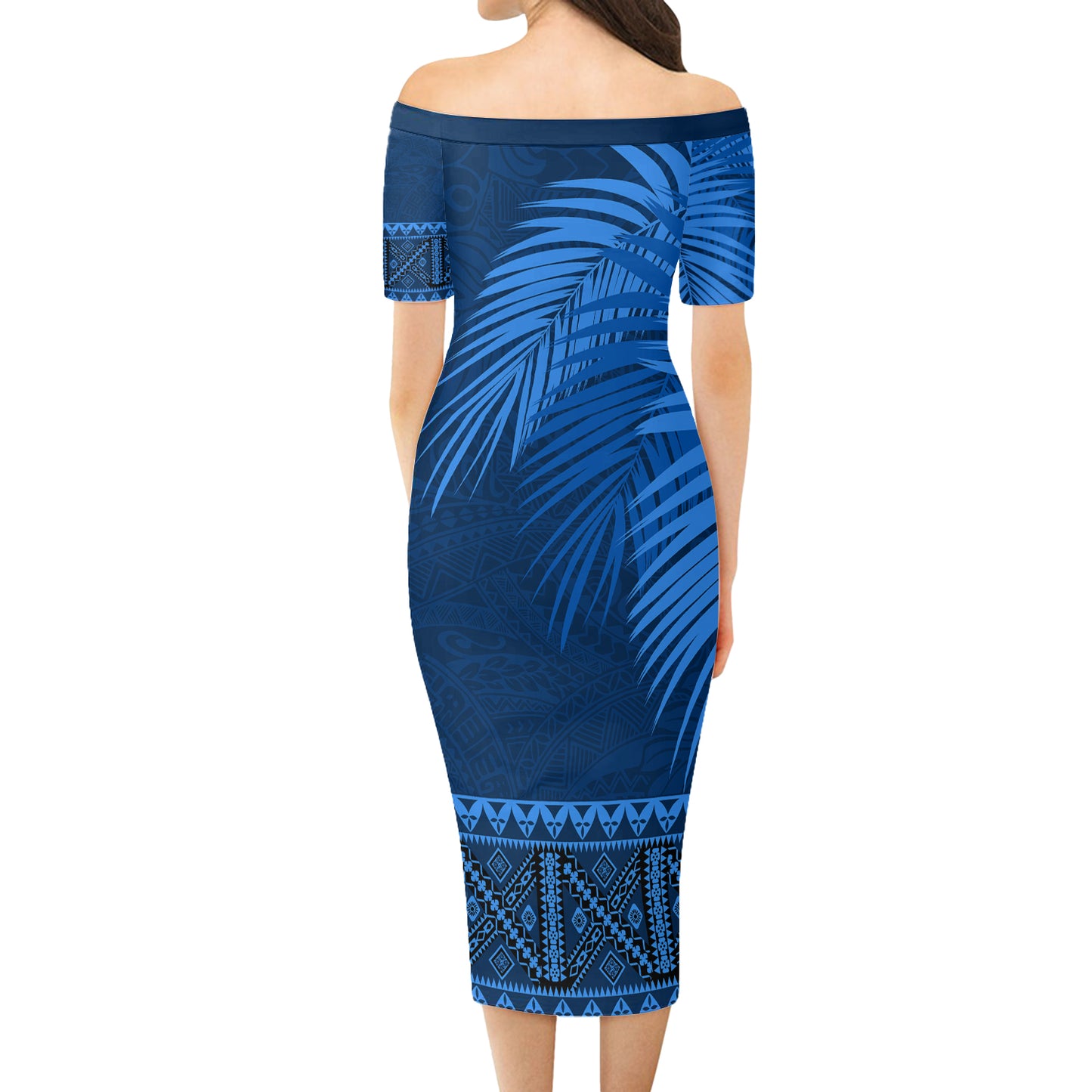 Samoa Short Sleeve Off The Shoulder Lady Dress Masi Dobby Fabric Leaves