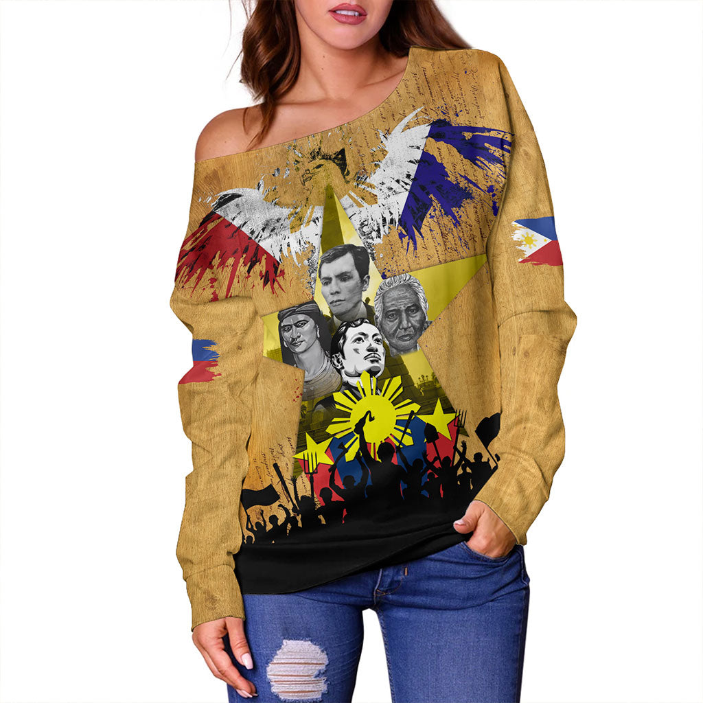 Philippines Filipinos Off Shoulder Sweatshirt National Heroes Flag Eagle