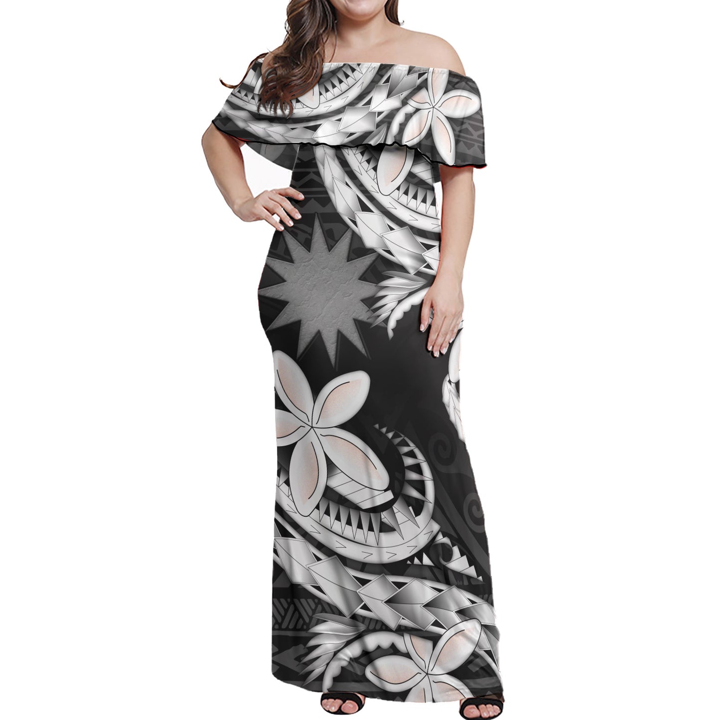 Nauru Combo Off Shoulder Long Dress And Shirt Polynesian Patterns Plumeria Flowers Special Style