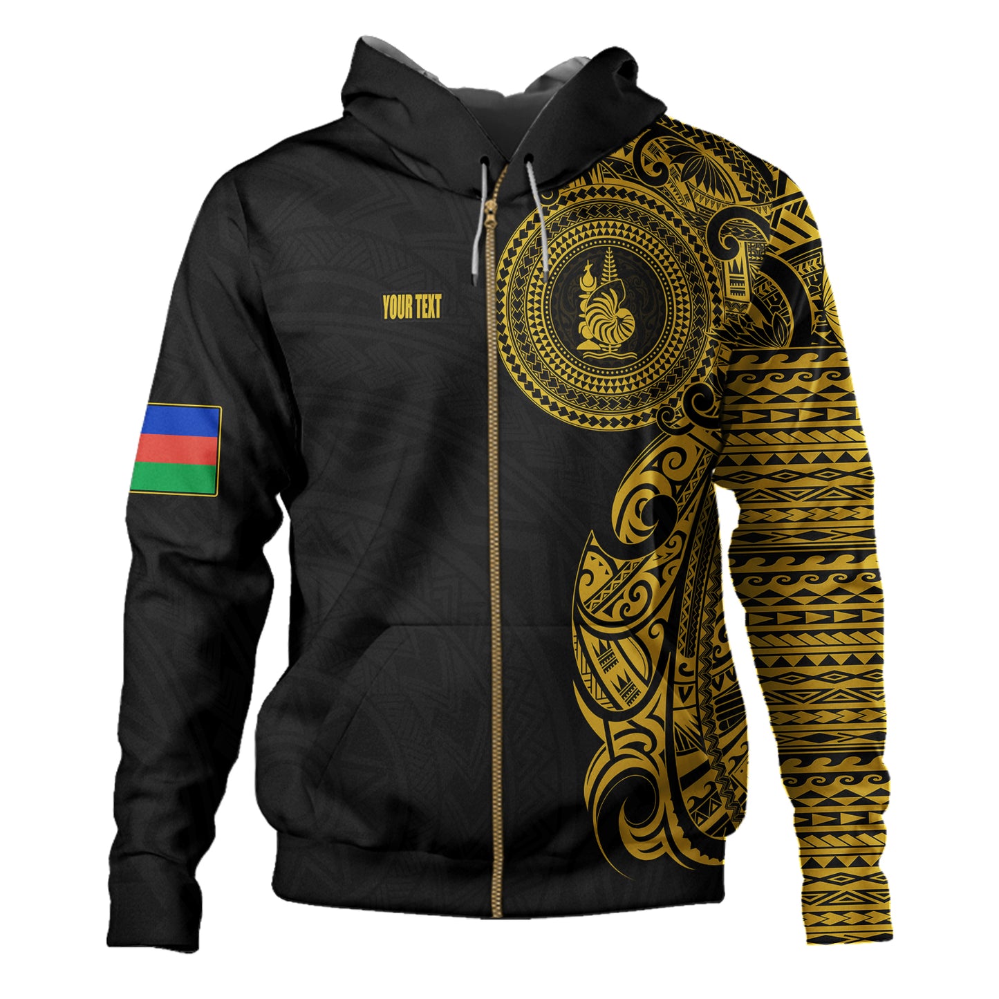New Caledonia Hoodie Custom Polynesian Half Sleeve Gold Tattoo With Seal Black