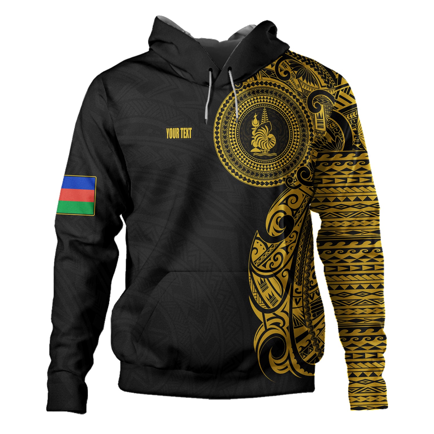 New Caledonia Hoodie Custom Polynesian Half Sleeve Gold Tattoo With Seal Black