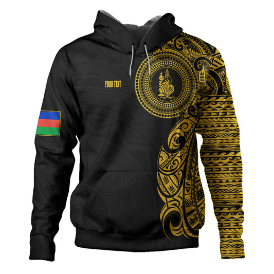 New Caledonia Hoodie Custom Polynesian Half Sleeve Gold Tattoo With Seal Black
