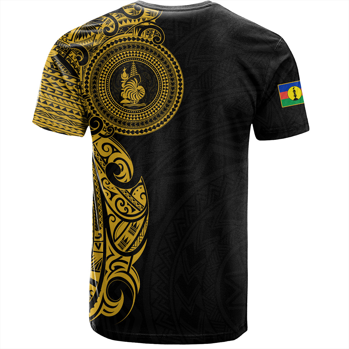 New Caledonia T-Shirt Custom Polynesian Half Sleeve Gold Tattoo With Seal Black