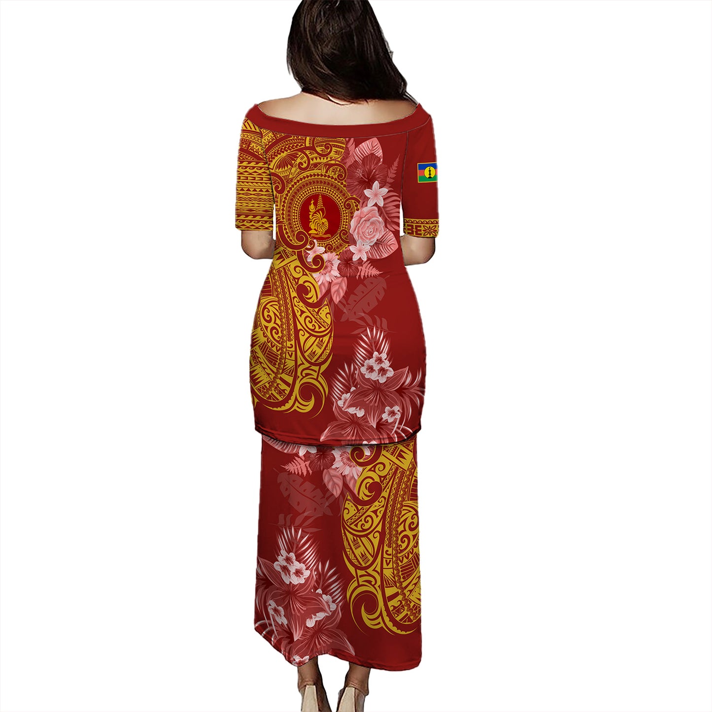 New Caledonia Combo Puletasi And Shirt Polynesian Tropical Plumeria Tribal Red