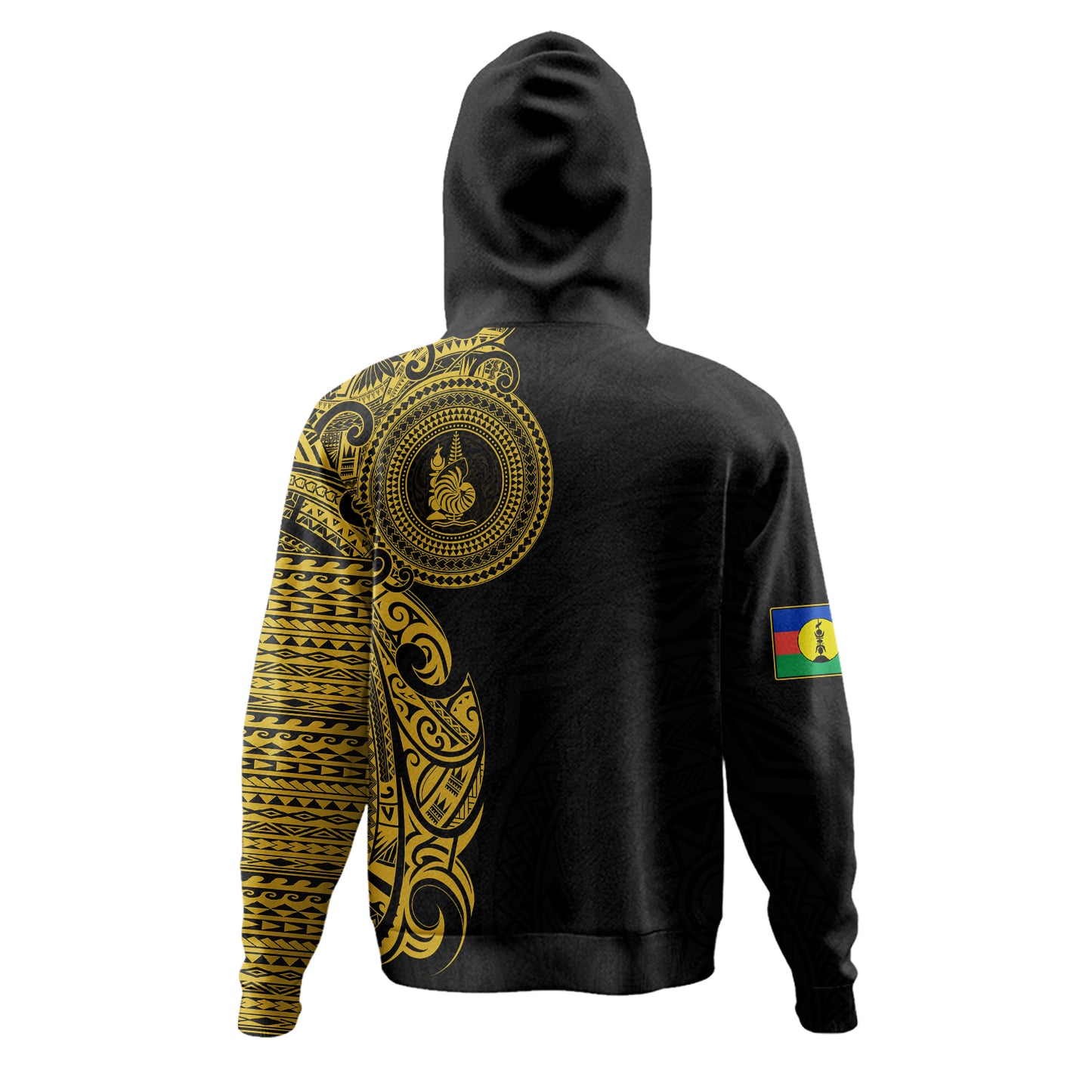 New Caledonia Hoodie Custom Polynesian Half Sleeve Gold Tattoo With Seal Black