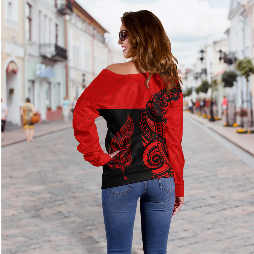 New Zealand Off Shoulder Sweatshirt Maori Pattern Aotearoa Silver Fern Tattoo