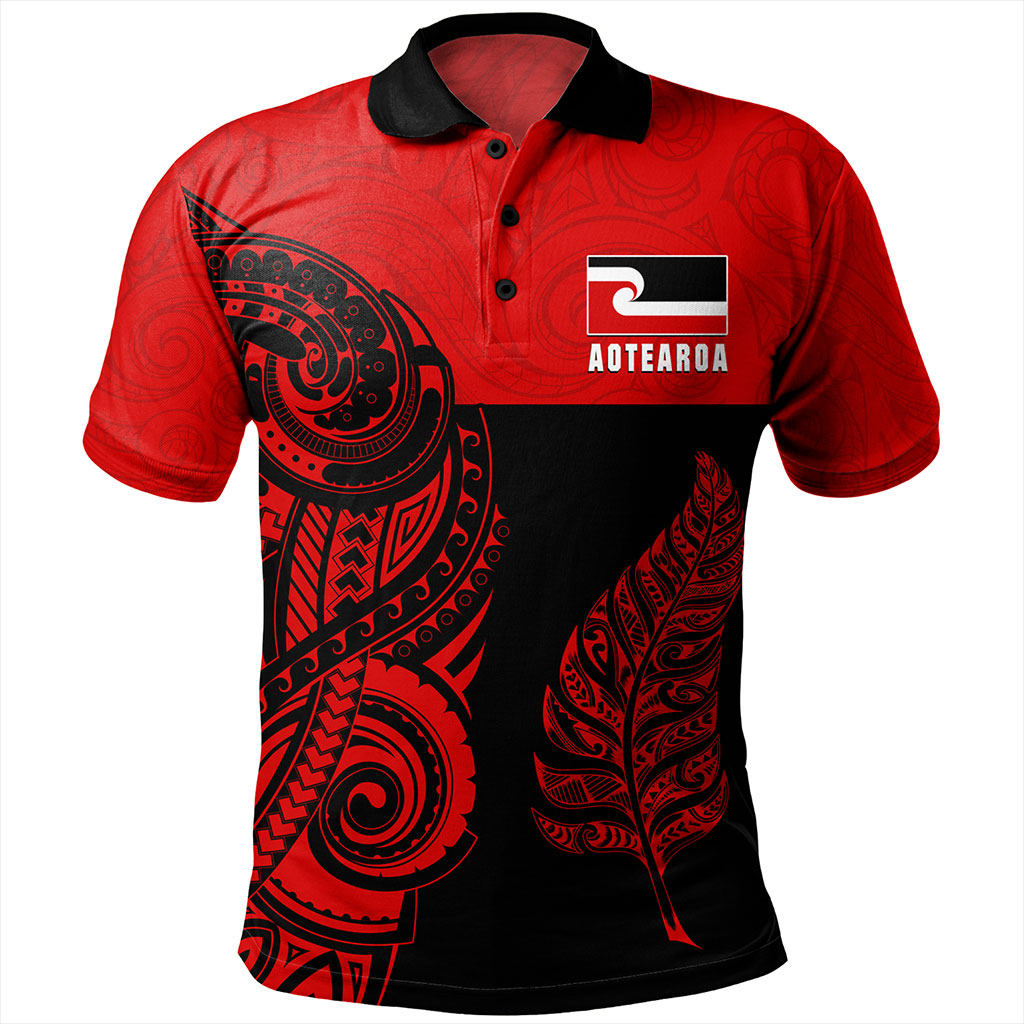 New Zealand Polo Shirt Maori Pattern Aotearoa Silver Fern Tattoo