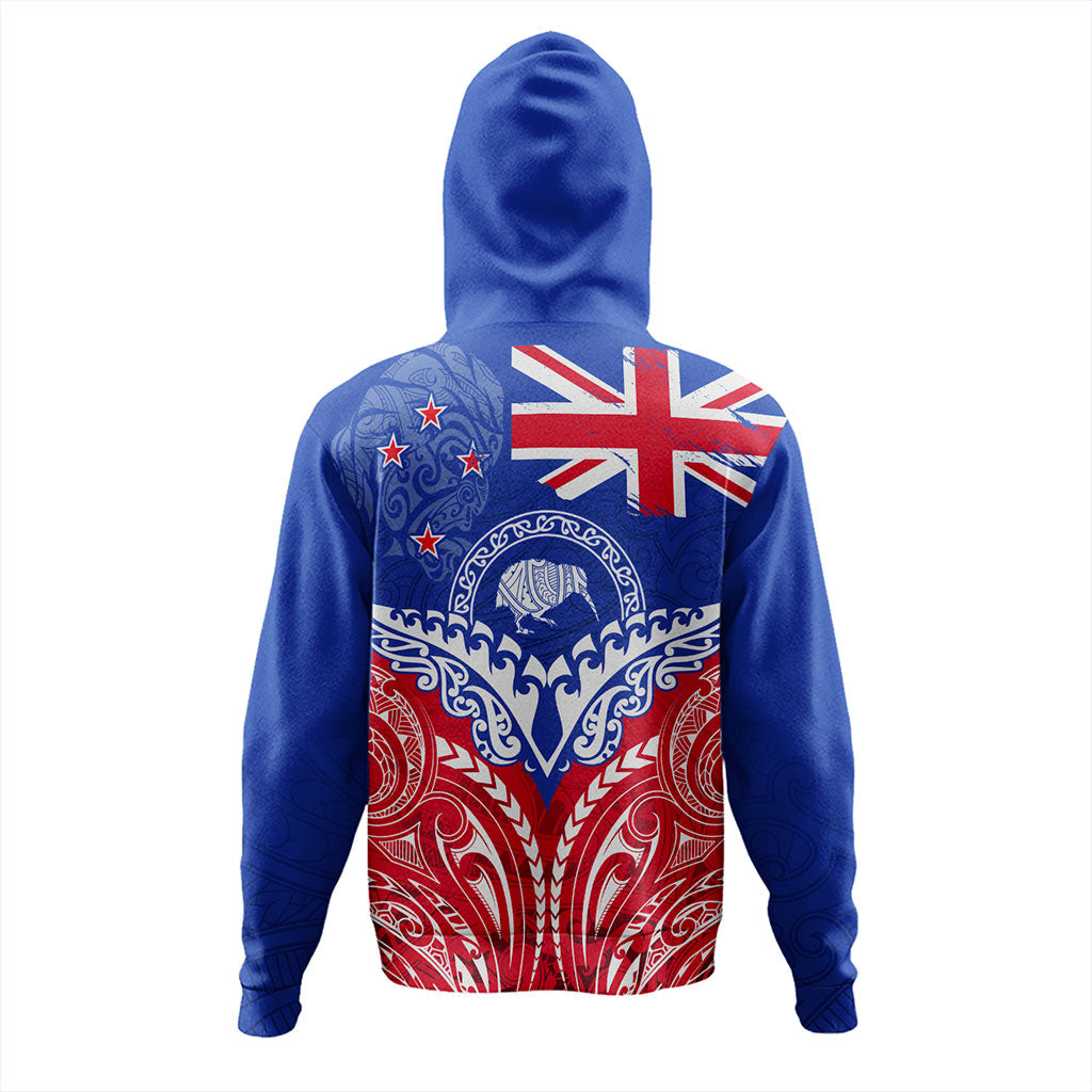 New Zealand Hoodie Flag With Kiwi And Maori Pattern