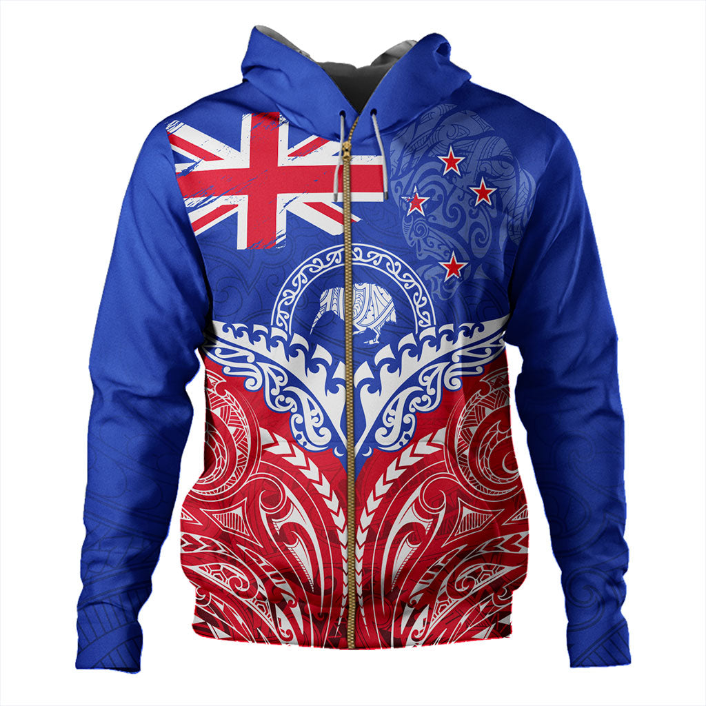 New Zealand Hoodie Flag With Kiwi And Maori Pattern